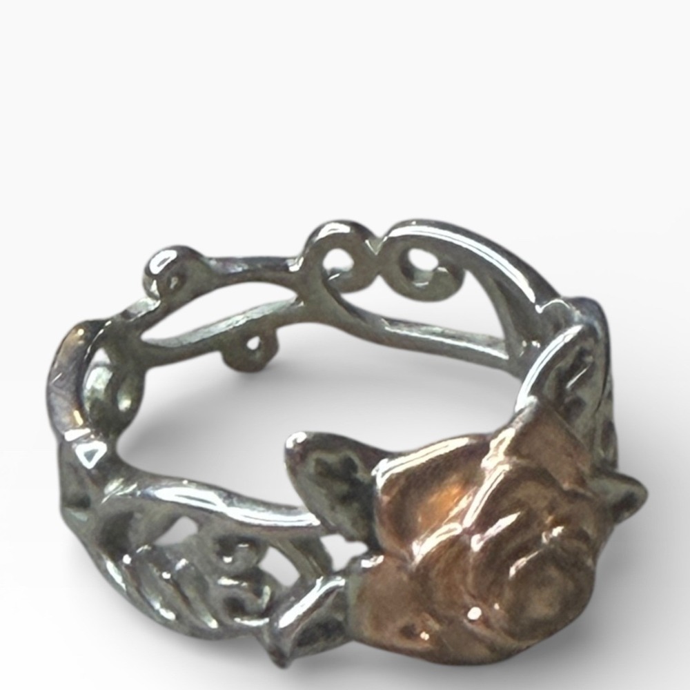 Unique French Bulldog Rose Two Tone Ring Silver & Gold Tone  Size 7
